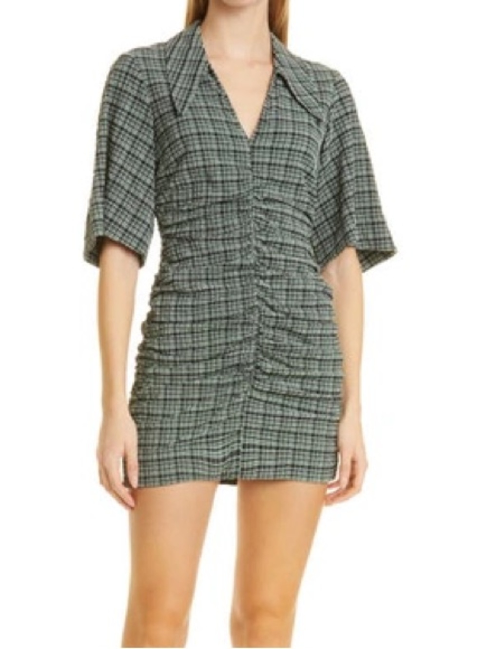 GANNI Stretch Seersucker Gathered V-Neck Mini Dress Academia Preppy size 40 Us 8